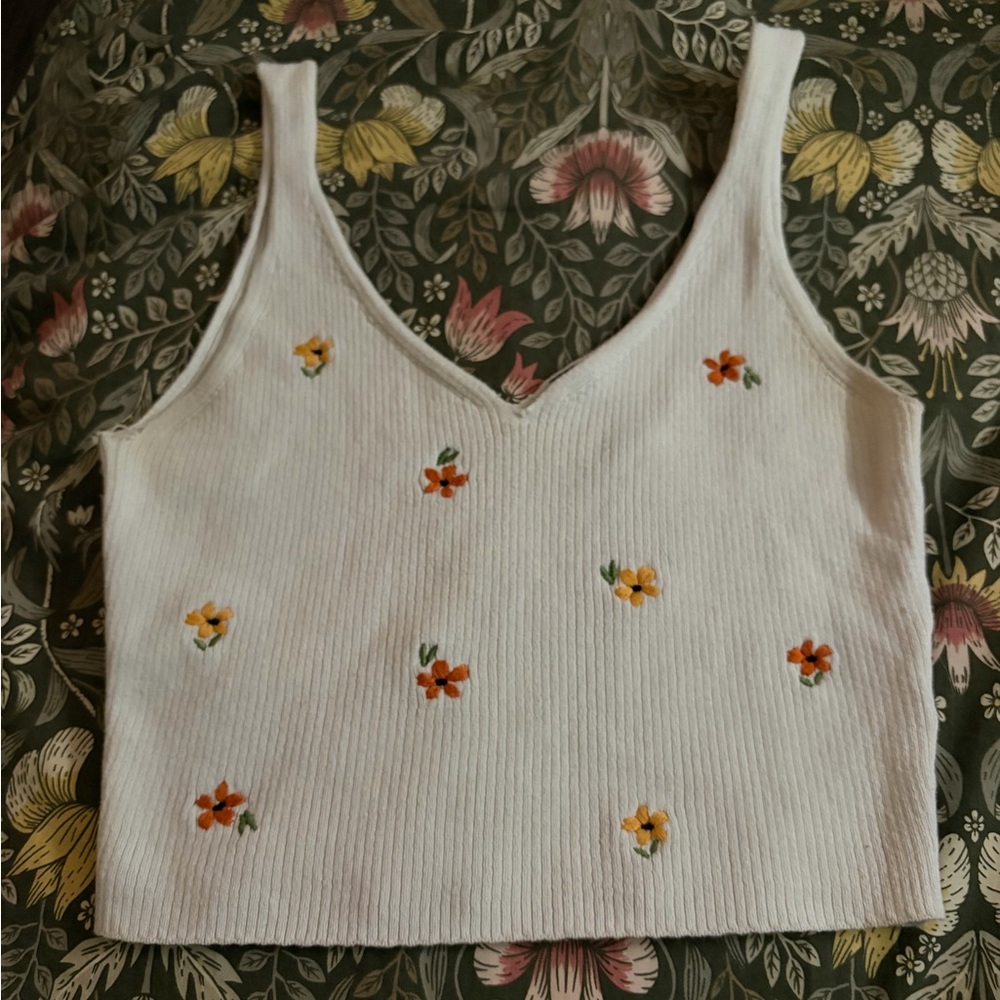 H&M White Ribbed V-Neck Tank with Orange & Yellow Floral Embroidery